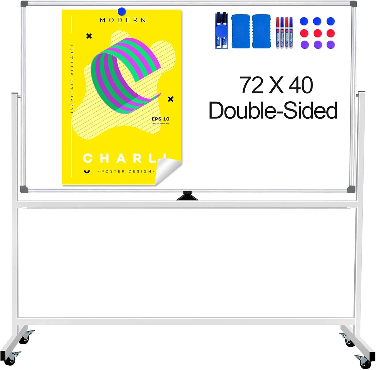 Large Rolling Whiteboard on Wheels - Double-Sided Mobile Dry Erase