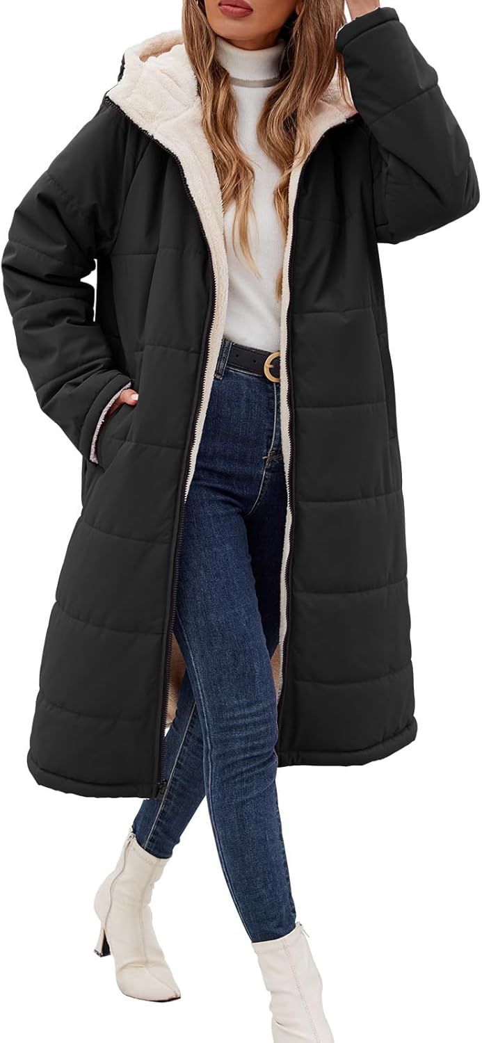 Long Womens Winter Coat Fleece Lined Puffer Jacket with Hood