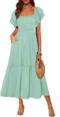 MASCOMODA Womens Square Neck Ruffle Midi Dress - Flattering Summer