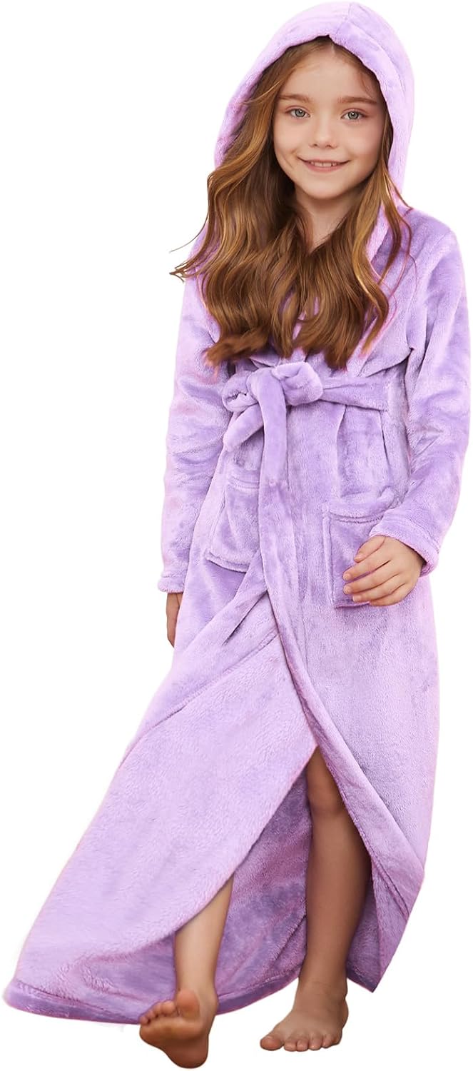 Jxstar Girls Bathrobes Long Hooded Plush Coral Fleece Sleepwear