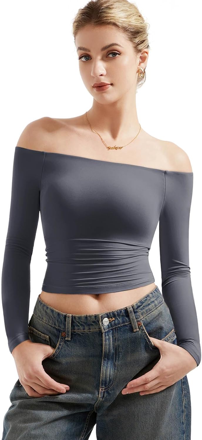 SUUKSESS Women Off Shoulder Long Sleeve Shirts for Going Out