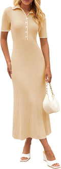 V Neck Ribbed Knit Maxi Dress - Slim Fit Button Front