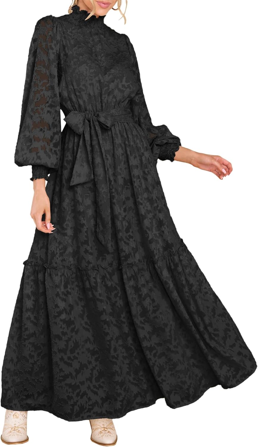 Elegant Floral High Neck Long Sleeve Maxi Dress for Women