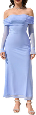 KUTUMAI Women Off Shoulder Bodycon Maxi Dress - Ruched Mesh Fit Formal