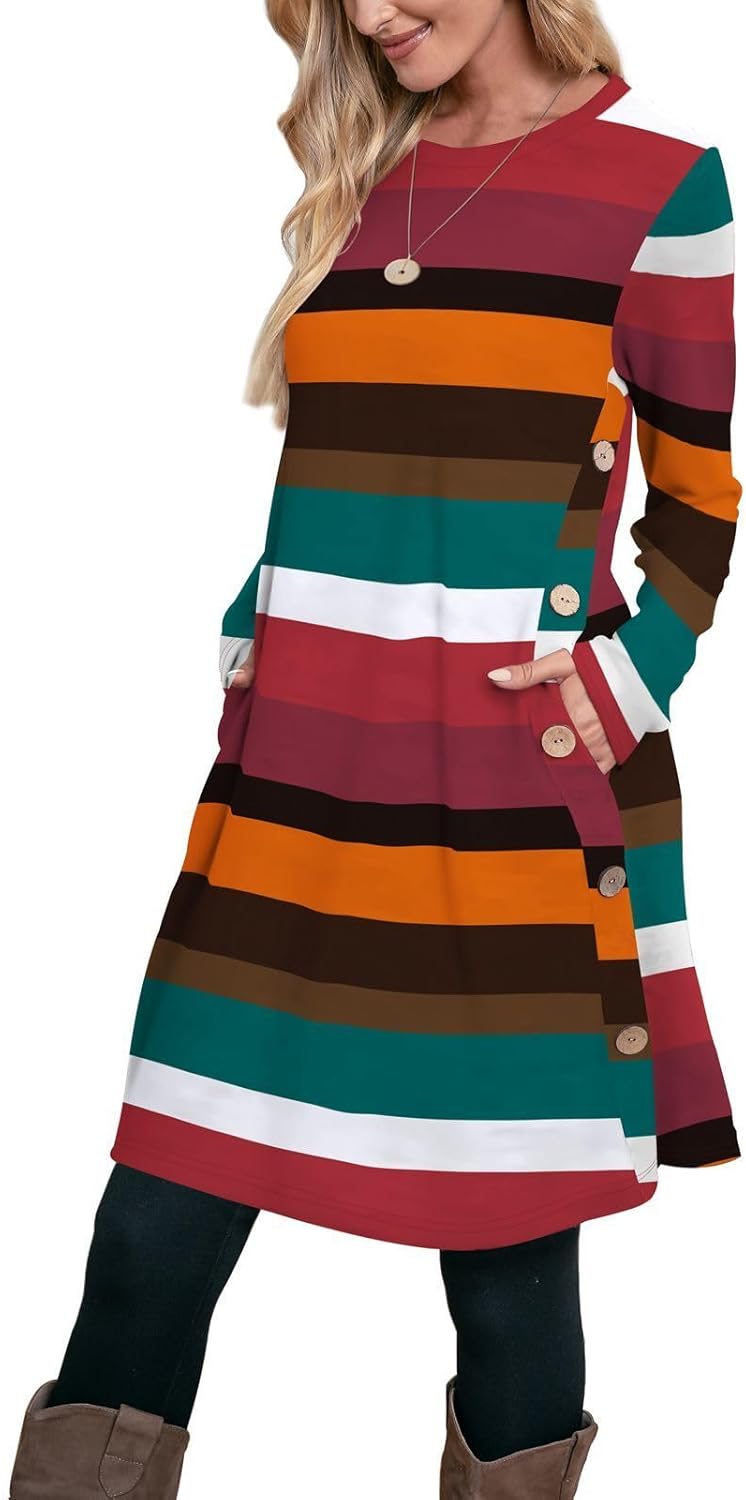 OFEEFAN Long Sleeve Dress for Women with Pockets and Buttons