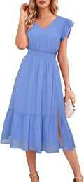 V Neck Ruffle Sleeve Tiered Midi Dress - Elegant Summer Cocktail Wear