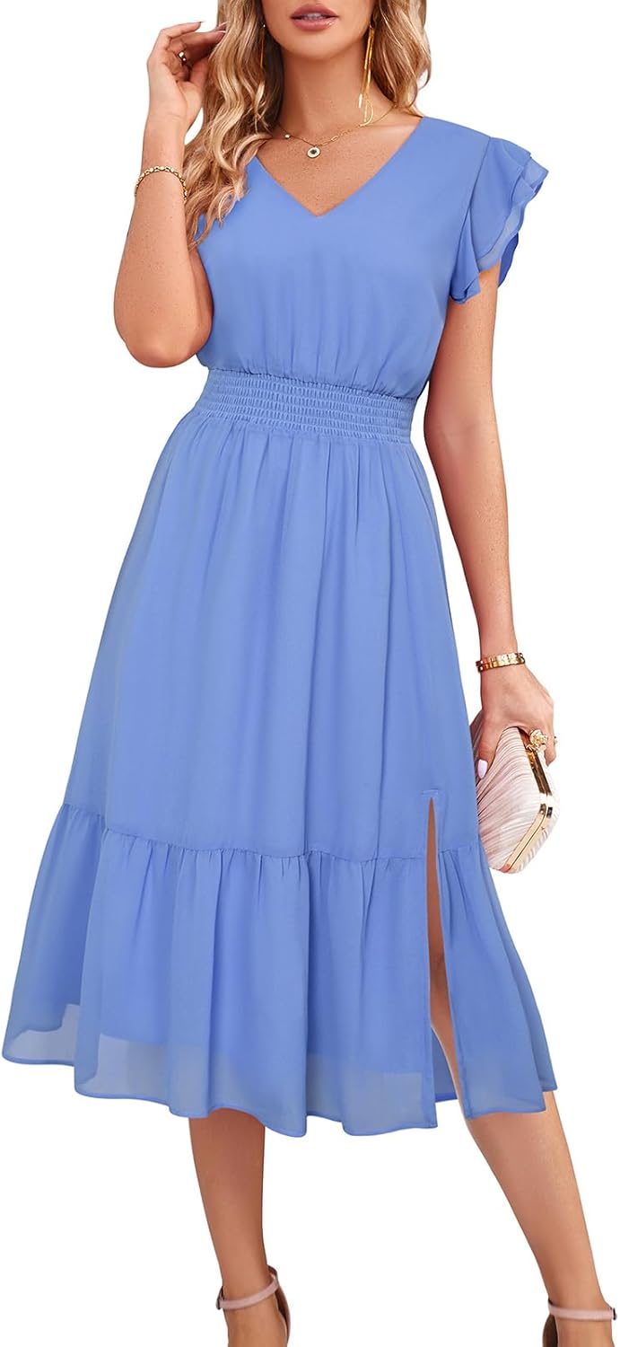 V Neck Ruffle Sleeve Summer Dress for Wedding Guests and More