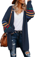Dokotoo Women Long Open Front Cardigan - Striped Color Block Cozy