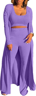 Women's Tracksuit Three Piece Set - Knitted Blazer, Crop Tank, Wide