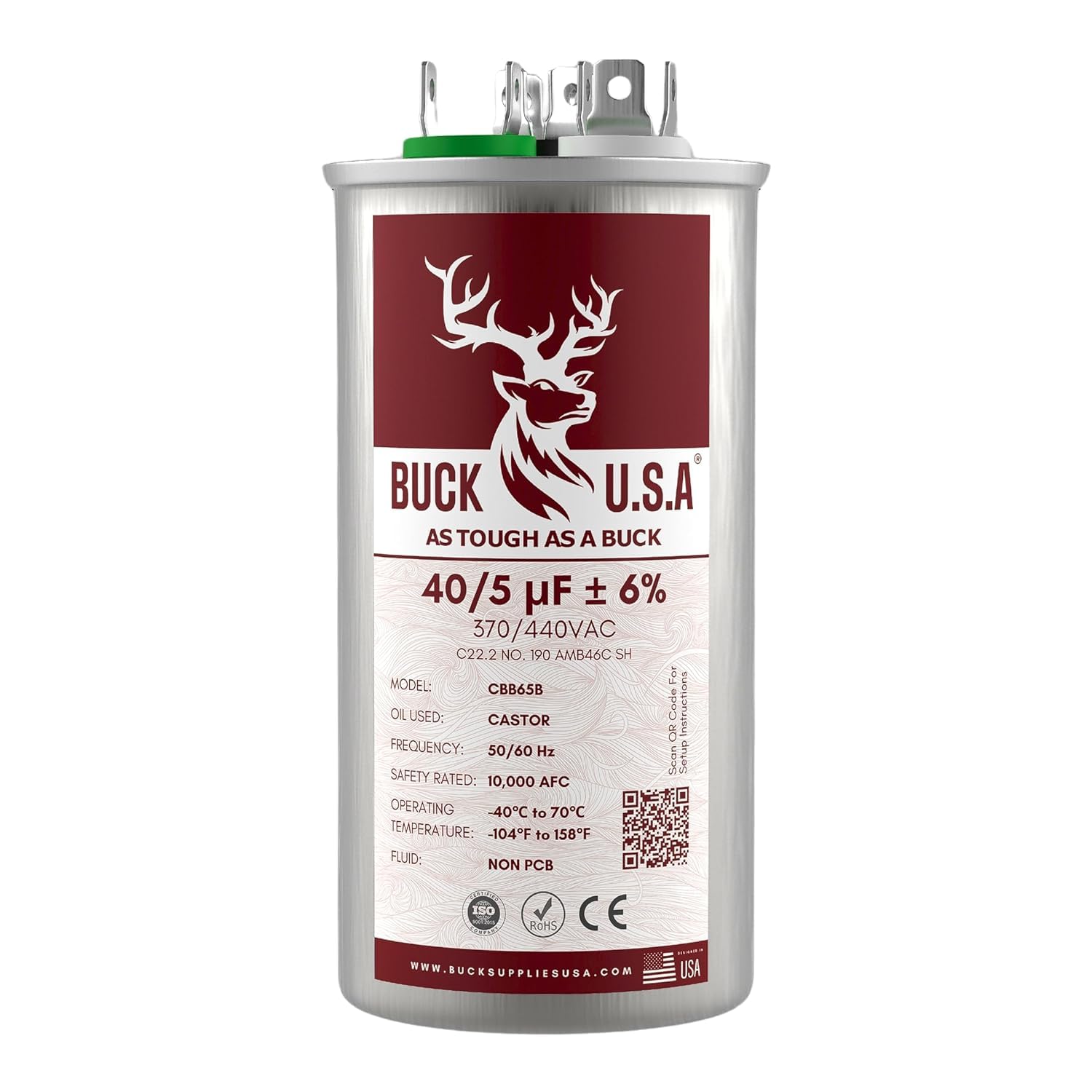 Buck 40+5uF Dual Run Capacitor for HVAC Systems and Fans