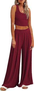 Ekouaer Ribbed Knit Lounge Set - Soft Sleeveless Tank and Wide Leg