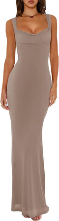 REORIA Summer Cowl Neck Mesh Sleeveless Maxi Dress - Sleek Bodycon Fit