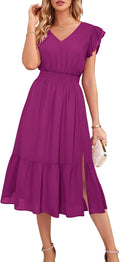 V Neck Ruffle Sleeve Tiered Midi Dress - Flowy Wedding Guest Dress