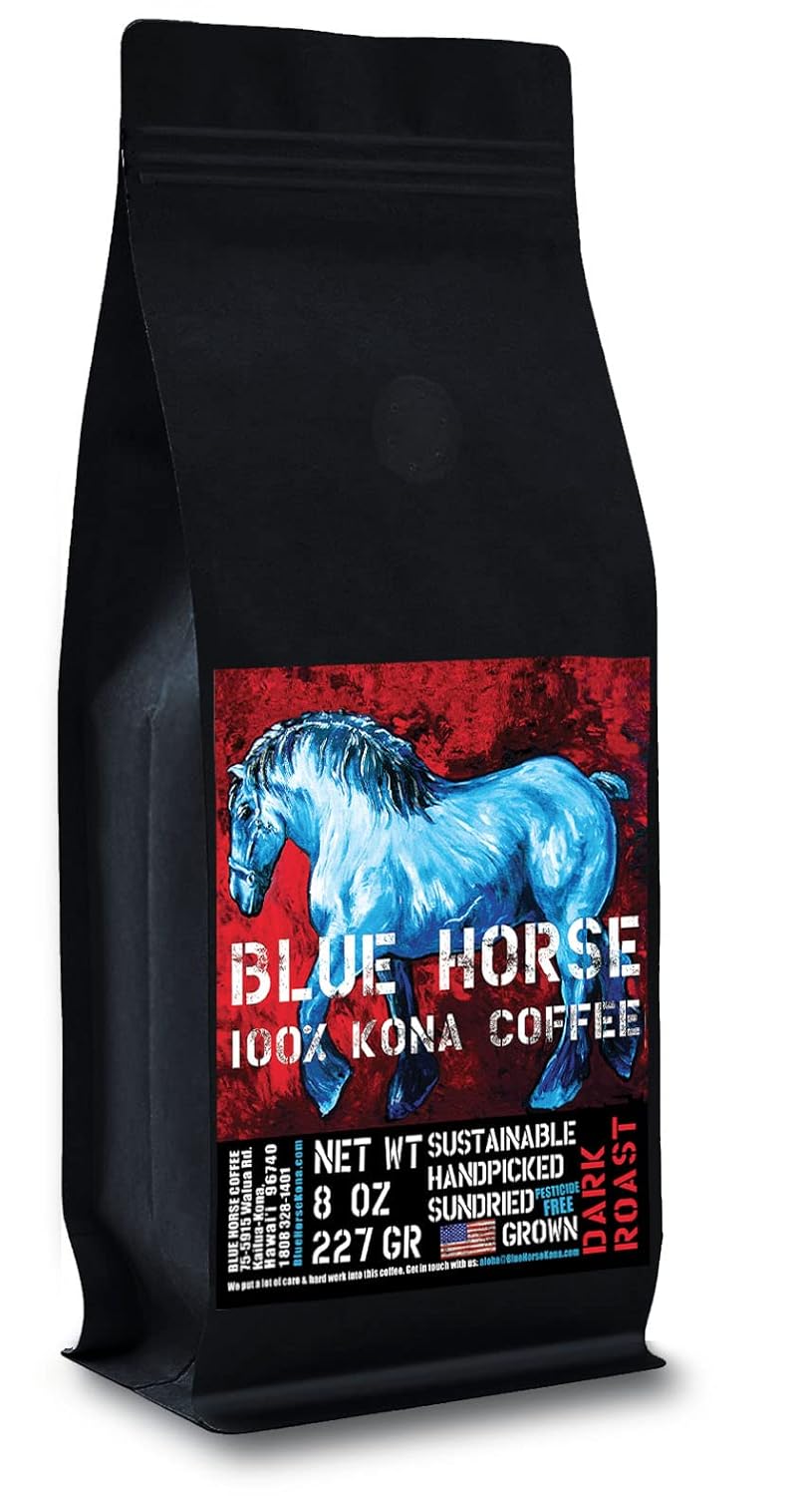 Blue Horse 100% Kona Coffee Dark Roast Whole Beans 8 oz Bag