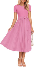 ZESICA Womens Summer Short Sleeve Midi Dress - Flowy Pleated Style