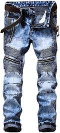 AITITIA Men's Biker Zipper Deco Washed Straight Fit Jeans (Style 9T6M)