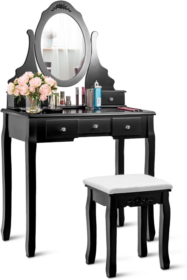 Giantex Vanity Set with Oval Mirror & Cushioned Stool for Makeup