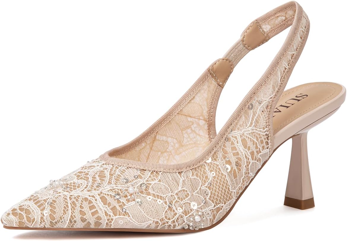 Slingback Wedding Heels for Women with Lace and Pearl Accents