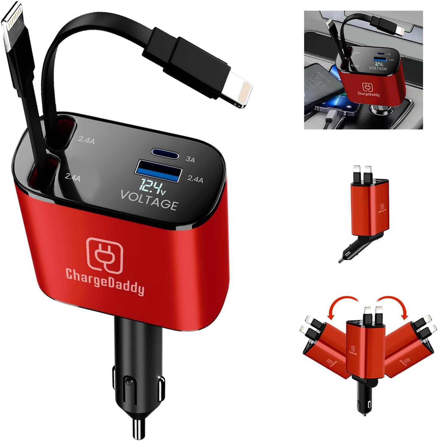 ChargeDaddy Fast 4-in-1 Car Phone Charger - Dual Lightning Cables