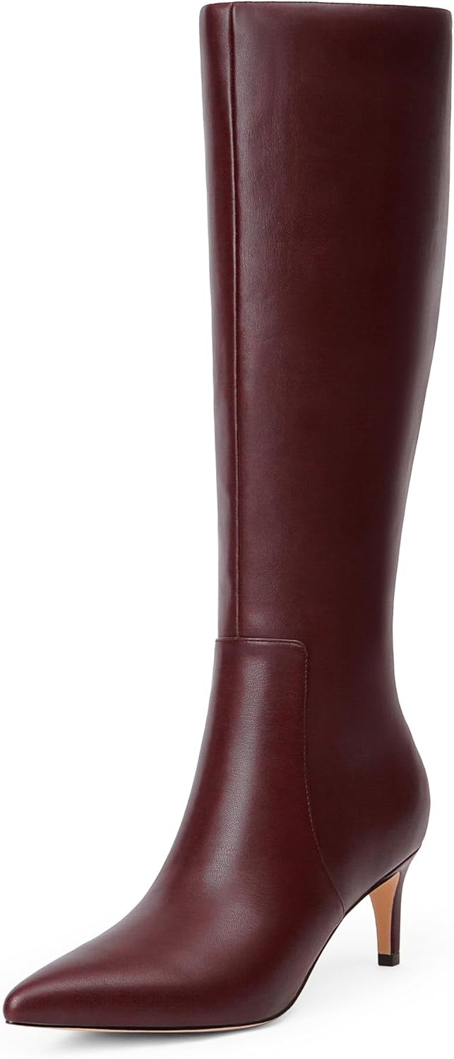 Knee High Boots Women Tall Pointed Toe Kitten Heel Side Zipper