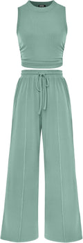 Women Summer 2 Piece Outfits Sleeveless Crop Top & Wide Leg Pants