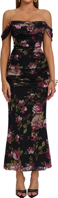 Off The Shoulder Maxi Long Dress for Women - Corset Ruched Fit