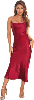 Women's Satin Silk Cowl Neck Midi Slip Dress - Backless Elegant Fit