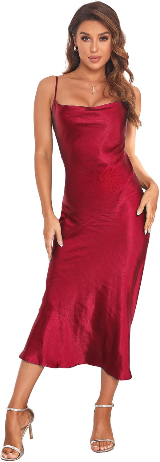 Women's Spaghetti Strap Midi Satin Silk Dress for Parties