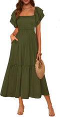 MASCOMODA Womens Summer Midi Dress Square Neck Ruffle Sleeve