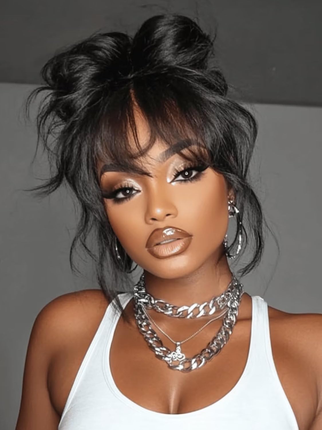 Beauty Forever Black Fluffy Natural Loose Wave Curtain Bangs Wig