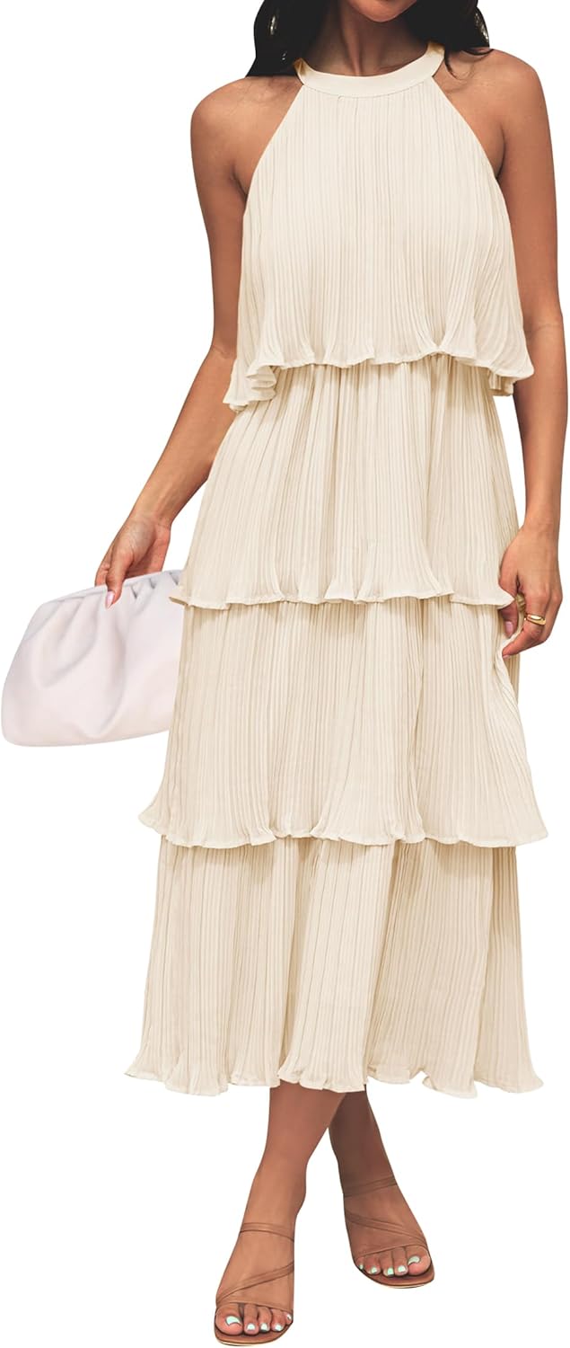 ZESICA Women's Sleeveless Halter Neck Ruffle Midi Dress Review