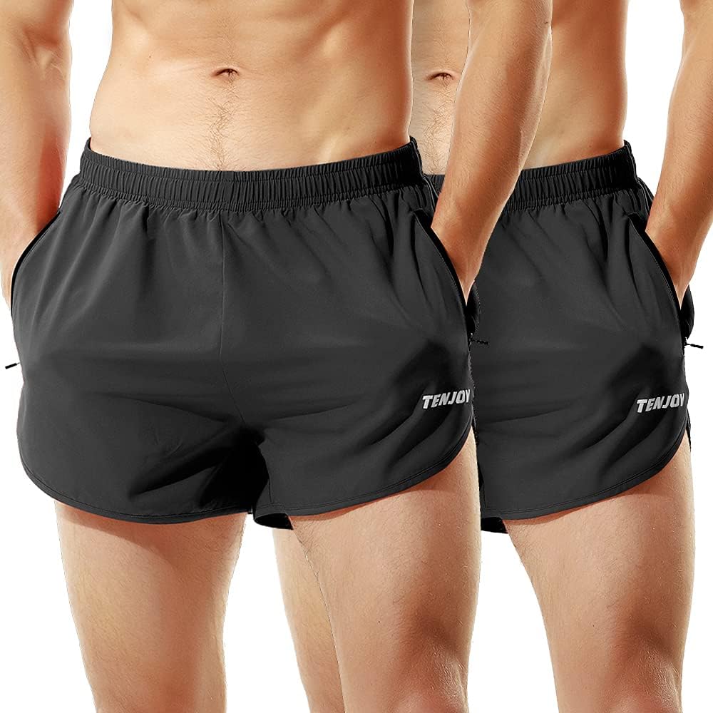 TENJOY Men's Running Shorts with Zipper Pocket for Athletes