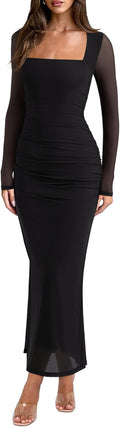 Long Sleeve Wedding Guest Maxi Dress - Sheer Mesh Square Neck Women's