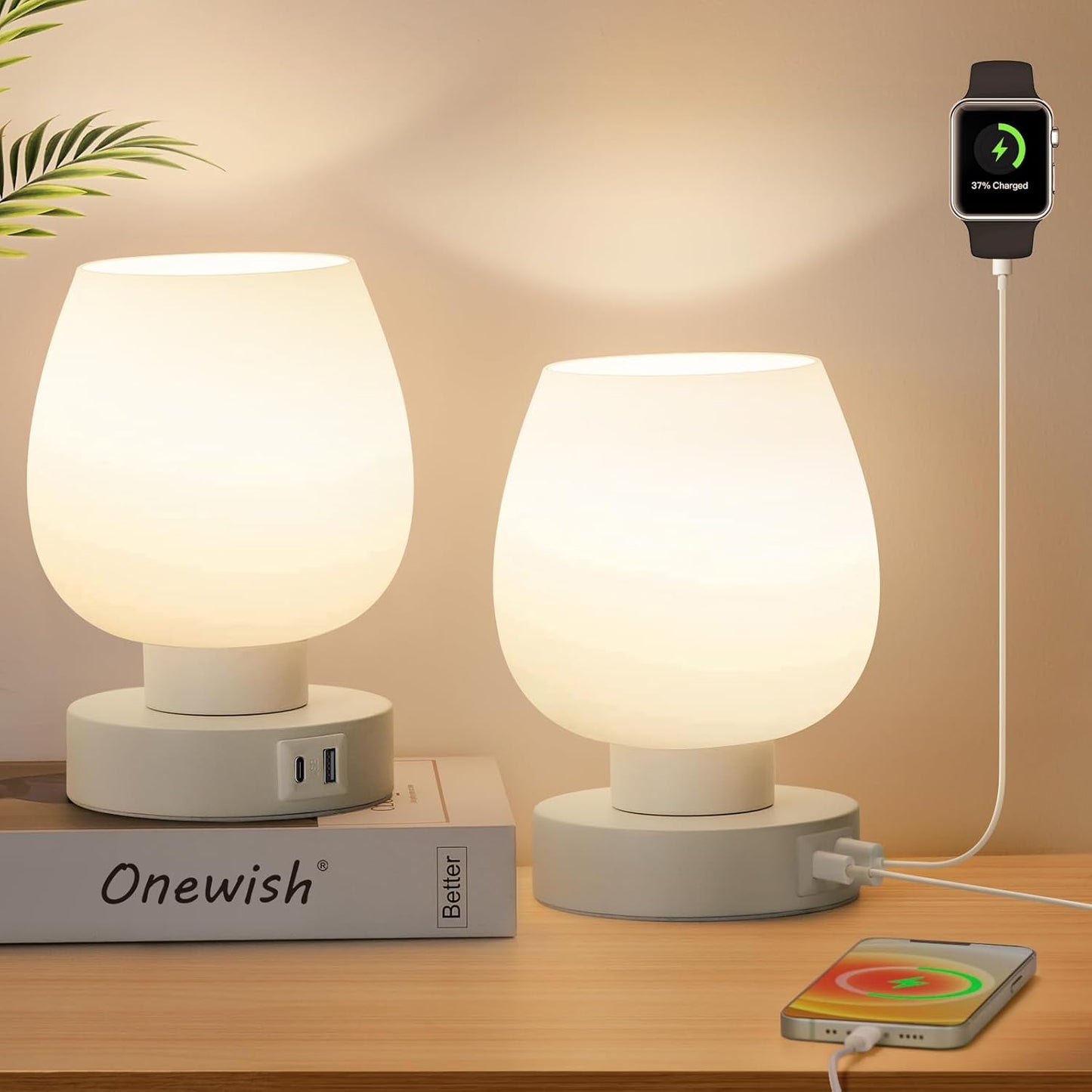 Set of 2 Modern USB-C&A Bedside Lamps - 3-Way Dimmable LED