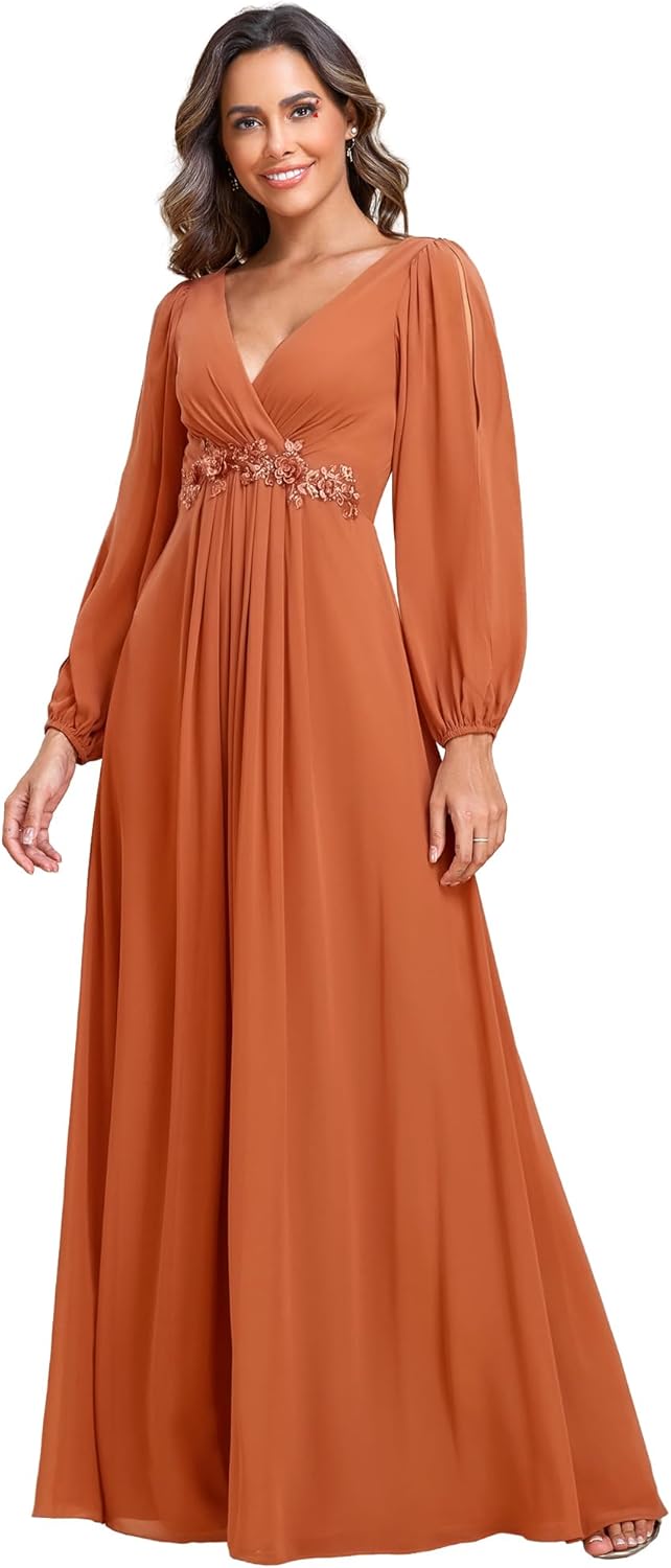 Elegant V Neck Long Lantern Sleeve Floor Length Dress