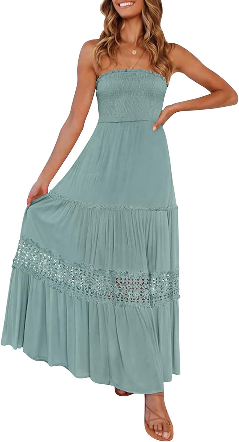 ZESICA Women's Bohemian Strapless Maxi Dress for Summer Fun