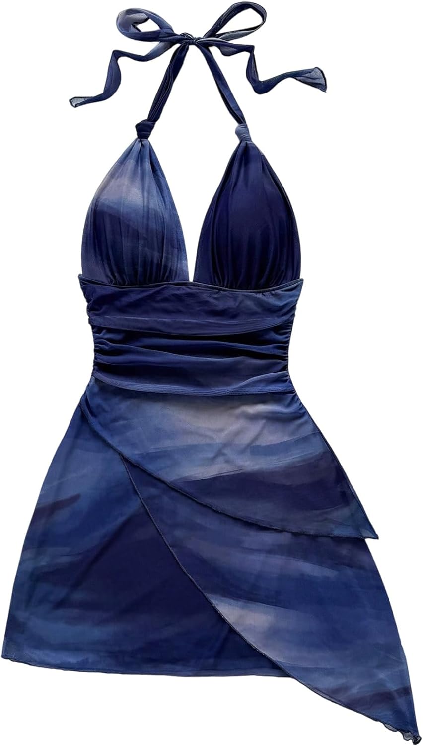 SOLY HUX Women's Sexy Tie Dye Print Halter Mini Dress
