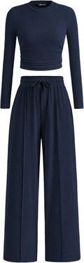 Women's 2 Piece Set Long Sleeve Crop Top & Wide Leg Pants - Fall