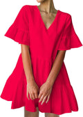 Womens V Neck Cute Shift Cotton Blend Mini Dress - Ruffle Bell Sleeve