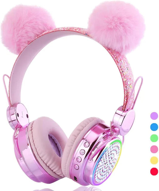 Colorful LED Kids Bluetooth Headphones - Safe 85dB Volume Limit - Stylish Pink