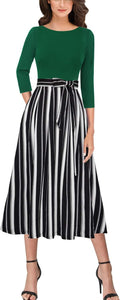 Womens Elegant Pockets Belted Pleated A-Line Midi Dress - Flattering