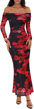 MEROKEETY Women's Off Shoulder Floral Maxi Dress - Elegant Fit