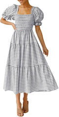 Bohemian Plaid Square Neck Midi Dress - Flowy Puff Sleeve