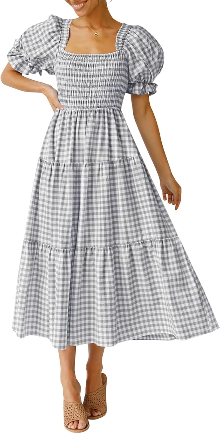 ZESICA Women's Bohemian Summer Midi Dress with Puff Sleeves