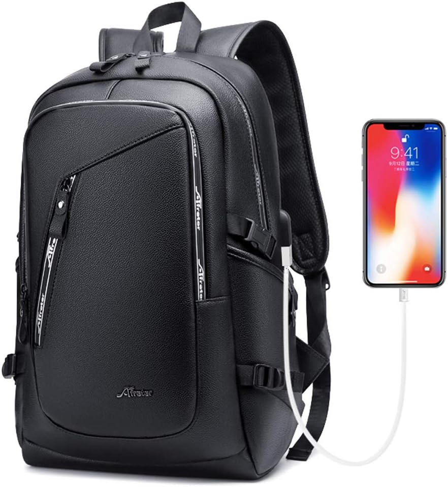 Vegan Leather Laptop Backpack for Travel with USB Charging Port