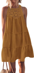 Women Summer Halter Tiered Swing Mini Dress - Beach Ready Light-Toned