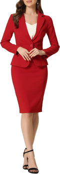 Allegra K Women's 2 Piece Skirt Suit Set Business Long Sleeve Blazer
