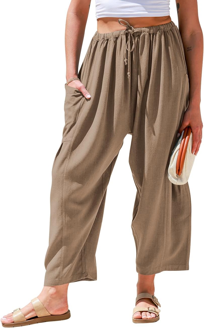 Womens Linen Wide Leg Pants for Casual Summer Travel and Beach