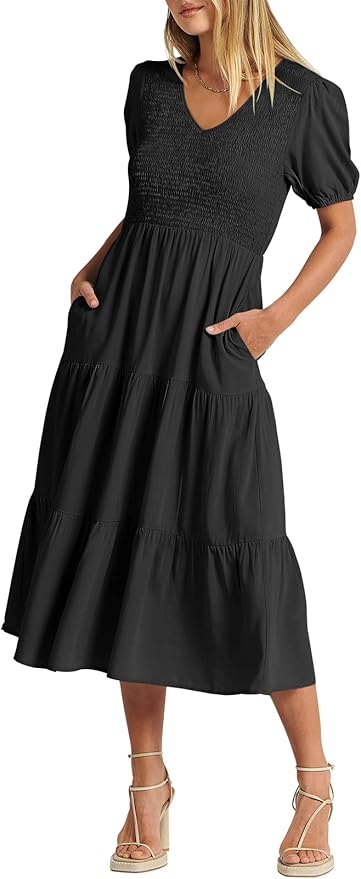 ANRABESS Women's Summer Puff Short Sleeve V Neck Dress with Pockets