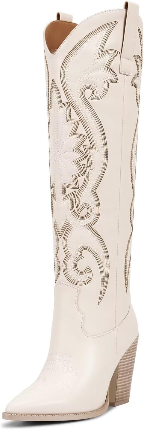 ISNOM Womens Cowboy Knee High Boots with Embroidery and Style